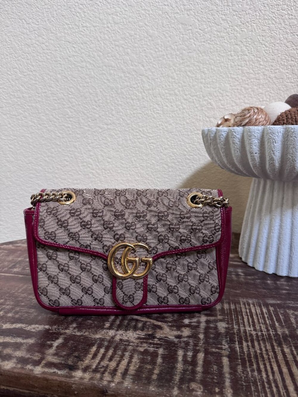 Gucci GG Marmont Matelassé Canvas Shoulder Bag Burgundy Leather + COA